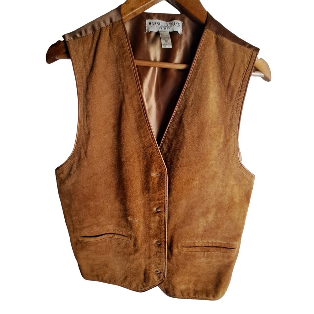 VTG Marsh Landing Petites sz LG P  100% Leather Vest Brown Button up See Desc!
